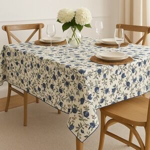 VTG Mikasa Arabella Blue Floral Tablecloth Cotton Blend 70x90 Botanical Print